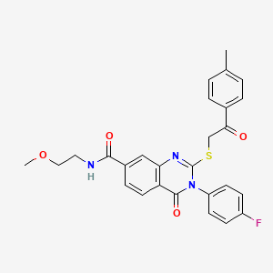 molecular formula C27H24FN3O4S B2958521 3-(4-氟苯基)-N-(2-甲氧基乙基)-2-{[2-(4-甲基苯基)-2-氧代乙基]硫代}-4-氧代-3,4-二氢喹唑啉-7-甲酰胺 CAS No. 1113137-33-9
