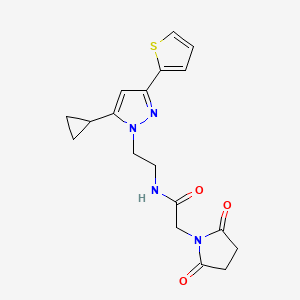 molecular formula C18H20N4O3S B2958531 N-(2-(5-cyclopropyl-3-(thiophen-2-yl)-1H-pyrazol-1-yl)ethyl)-2-(2,5-dioxopyrrolidin-1-yl)acetamide CAS No. 1797327-16-2
