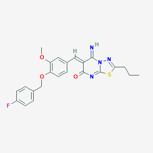 molecular formula C23H21FN4O3S B295854 6-((Z)-1-{4-[(4-fluorobenzyl)oxy]-3-methoxyphenyl}methylidene)-5-imino-2-propyl-5H-[1,3,4]thiadiazolo[3,2-a]pyrimidin-7-one 