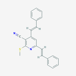 molecular formula C23H18N2S B2958541 2-(methylsulfanyl)-4,6-bis[(E)-2-phenylethenyl]nicotinonitrile CAS No. 860649-66-7