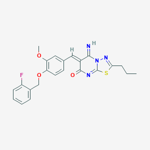 molecular formula C23H21FN4O3S B295855 (6Z)-6-({4-[(2-FLUOROPHENYL)METHOXY]-3-METHOXYPHENYL}METHYLIDENE)-5-IMINO-2-PROPYL-5H,6H,7H-[1,3,4]THIADIAZOLO[3,2-A]PYRIMIDIN-7-ONE 