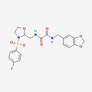 molecular formula C20H20FN3O7S B2958595 N1-(苯并[d][1,3]二氧杂-5-基甲基)-N2-((3-((4-氟苯基)磺酰基)恶唑烷-2-基)甲基)草酰胺 CAS No. 868981-57-1