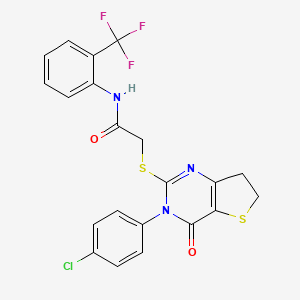 molecular formula C21H15ClF3N3O2S2 B2958645 2-[[3-(4-chlorophenyl)-4-oxo-6,7-dihydrothieno[3,2-d]pyrimidin-2-yl]sulfanyl]-N-[2-(trifluoromethyl)phenyl]acetamide CAS No. 687563-28-6
