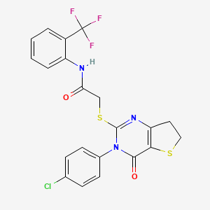 molecular formula C21H15ClF3N3O2S2 B2958645 2-{[3-(4-chlorophenyl)-4-oxo-3H,4H,6H,7H-thieno[3,2-d]pyrimidin-2-yl]sulfanyl}-N-[2-(trifluoromethyl)phenyl]acetamide CAS No. 687563-28-6