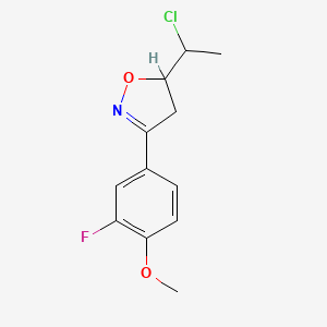 molecular formula C12H13ClFNO2 B2958651 5-(1-Chloroethyl)-3-(3-fluoro-4-methoxyphenyl)-4,5-dihydro-1,2-oxazole CAS No. 1556473-39-2
