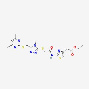 molecular formula C19H23N7O3S3 B2958695 乙酸[2-({[(5-{[(4,6-二甲基嘧啶-2-基)硫代]甲基}-4-甲基-4H-1,2,4-三唑-3-基)硫代]乙酰}氨基)-1,3-噻唑-4-基]乙酯 CAS No. 637321-38-1