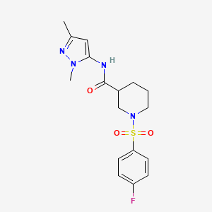 molecular formula C17H21FN4O3S B2958818 N-(1,3-dimethyl-1H-pyrazol-5-yl)-1-((4-fluorophenyl)sulfonyl)piperidine-3-carboxamide CAS No. 1169999-12-5