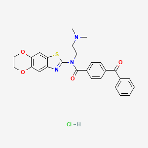 molecular formula C27H26ClN3O4S B2958935 4-benzoyl-N-(6,7-dihydro-[1,4]dioxino[2',3':4,5]benzo[1,2-d]thiazol-2-yl)-N-(2-(dimethylamino)ethyl)benzamide hydrochloride CAS No. 1177679-42-3