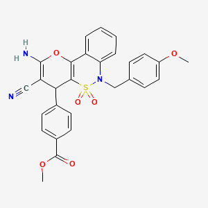 molecular formula C28H23N3O6S B2958986 Methyl 4-[2-amino-3-cyano-6-(4-methoxybenzyl)-5,5-dioxido-4,6-dihydropyrano[3,2-c][2,1]benzothiazin-4-yl]benzoate CAS No. 893298-90-3