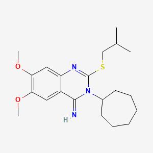 molecular formula C21H31N3O2S B2959002 3-环庚基-6,7-二甲氧基-2-(2-甲基丙硫基)喹唑啉-4-亚胺 CAS No. 860786-40-9