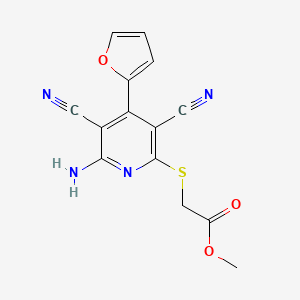 molecular formula C14H10N4O3S B2959019 甲基{[6-氨基-3,5-二氰基-4-(呋喃-2-基)吡啶-2-基]硫代}乙酸酯 CAS No. 189278-35-1