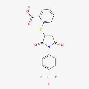 molecular formula C18H12F3NO4S B2959029 2-((2,5-Dioxo-1-(4-(trifluoromethyl)phenyl)pyrrolidin-3-yl)thio)benzoic acid CAS No. 433329-42-1