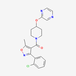 molecular formula C20H19ClN4O3 B2959037 (3-(2-Chlorophenyl)-5-methylisoxazol-4-yl)(4-(pyrazin-2-yloxy)piperidin-1-yl)methanone CAS No. 1421473-66-6