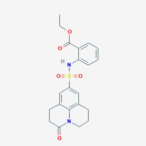 molecular formula C21H22N2O5S B2959050 Ethyl 2-(3-oxo-1,2,3,5,6,7-hexahydropyrido[3,2,1-ij]quinoline-9-sulfonamido)benzoate CAS No. 898464-78-3