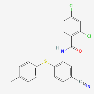 molecular formula C21H14Cl2N2OS B2959056 2,4-dichloro-N-{5-cyano-2-[(4-methylphenyl)sulfanyl]phenyl}benzenecarboxamide CAS No. 303147-04-8