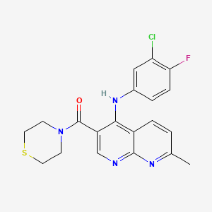 molecular formula C20H18ClFN4OS B2959089 (4-((3-Chloro-4-fluorophenyl)amino)-7-methyl-1,8-naphthyridin-3-yl)(thiomorpholino)methanone CAS No. 1251587-10-6