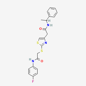 molecular formula C21H20FN3O2S2 B2959126 N-(4-fluorophenyl)-2-((4-(2-oxo-2-((1-phenylethyl)amino)ethyl)thiazol-2-yl)thio)acetamide CAS No. 941980-63-8