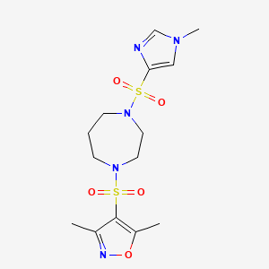 molecular formula C14H21N5O5S2 B2959136 3,5-二甲基-4-((4-((1-甲基-1H-咪唑-4-基)磺酰基)-1,4-二氮杂环戊-1-基)磺酰基)异恶唑 CAS No. 1903726-47-5