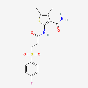 molecular formula C16H17FN2O4S2 B2959143 2-[3-(4-氟苯基)磺酰基丙酰氨基]-4,5-二甲基噻吩-3-甲酰胺 CAS No. 896291-32-0