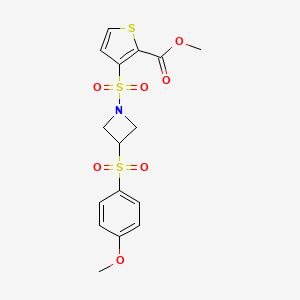 molecular formula C16H17NO7S3 B2959154 3-((3-((4-甲氧基苯基)磺酰基)氮杂环丁-1-基)磺酰基)噻吩-2-甲酸甲酯 CAS No. 1797874-33-9