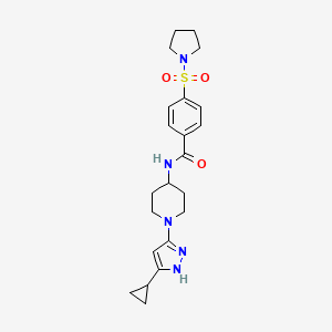 molecular formula C22H29N5O3S B2959169 N-(1-(5-cyclopropyl-1H-pyrazol-3-yl)piperidin-4-yl)-4-(pyrrolidin-1-ylsulfonyl)benzamide CAS No. 2034210-18-7