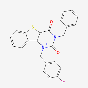 molecular formula C24H17FN2O2S B2959199 5-Benzyl-3-[(4-fluorophenyl)methyl]-8-thia-3,5-diazatricyclo[7.4.0.0^{2,7}]trideca-1(9),2(7),10,12-tetraene-4,6-dione CAS No. 892307-10-7