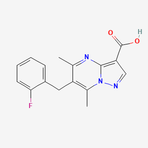 molecular formula C16H14FN3O2 B2959201 6-(2-Fluorobenzyl)-5,7-dimethylpyrazolo[1,5-a]pyrimidine-3-carboxylic acid CAS No. 656818-36-9