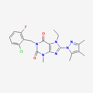 molecular formula C21H22ClFN6O2 B2959213 1-(2-chloro-6-fluorobenzyl)-7-ethyl-3-methyl-8-(3,4,5-trimethyl-1H-pyrazol-1-yl)-1H-purine-2,6(3H,7H)-dione CAS No. 1014009-46-1