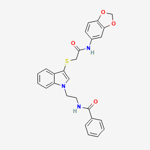 molecular formula C26H23N3O4S B2959219 N-(2-(3-((2-(苯并[d][1,3]二氧杂环-5-氨基)-2-氧代乙基)硫代)-1H-吲哚-1-基)乙基)苯甲酰胺 CAS No. 532969-77-0