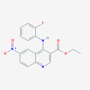 molecular formula C18H14FN3O4 B2959242 Ethyl 4-(2-fluoroanilino)-6-nitro-3-quinolinecarboxylate CAS No. 478248-32-7