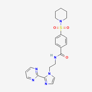molecular formula C21H24N6O3S B2959249 4-(piperidin-1-ylsulfonyl)-N-(2-(2-(pyrimidin-2-yl)-1H-imidazol-1-yl)ethyl)benzamide CAS No. 1448037-77-1