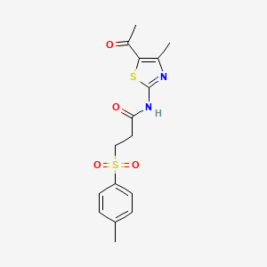 molecular formula C16H18N2O4S2 B2959272 N-(5-acetyl-4-methylthiazol-2-yl)-3-tosylpropanamide CAS No. 898414-41-0
