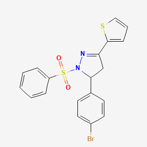 molecular formula C19H15BrN2O2S2 B2959337 5-(4-bromophenyl)-1-(phenylsulfonyl)-3-(thiophen-2-yl)-4,5-dihydro-1H-pyrazole CAS No. 361480-35-5