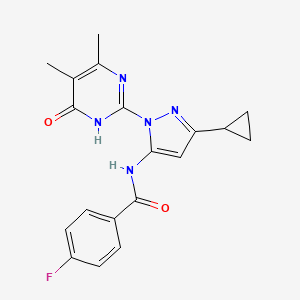 molecular formula C19H18FN5O2 B2959348 N-(3-cyclopropyl-1-(4,5-dimethyl-6-oxo-1,6-dihydropyrimidin-2-yl)-1H-pyrazol-5-yl)-4-fluorobenzamide CAS No. 1203073-11-3
