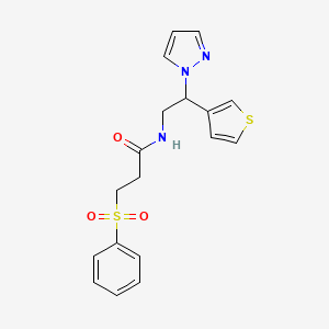 molecular formula C18H19N3O3S2 B2959375 N-(2-(1H-pyrazol-1-yl)-2-(thiophen-3-yl)ethyl)-3-(phenylsulfonyl)propanamide CAS No. 2034493-58-6