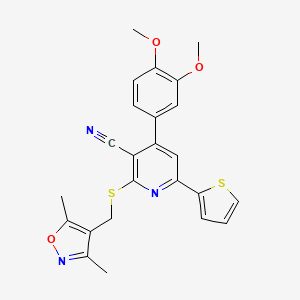 molecular formula C24H21N3O3S2 B2959423 4-(3,4-Dimethoxyphenyl)-2-{[(3,5-dimethyl-1,2-oxazol-4-yl)methyl]sulfanyl}-6-(thiophen-2-yl)pyridine-3-carbonitrile CAS No. 690961-87-6