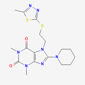 molecular formula C17H23N7O2S2 B2959430 1,3-Dimethyl-7-[2-(5-methyl-[1,3,4]thiadiazol-2-ylsulfanyl)-ethyl]-8-piperidin-1-yl-3,7-dihydro-purine-2,6-dione CAS No. 685860-66-6