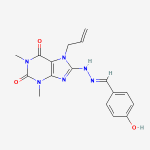 molecular formula C17H18N6O3 B2959431 (E)-7-allyl-8-(2-(4-hydroxybenzylidene)hydrazinyl)-1,3-dimethyl-1H-purine-2,6(3H,7H)-dione CAS No. 378202-43-8