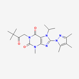 molecular formula C21H30N6O3 B2959460 1-(3,3-二甲基-2-氧代丁基)-7-异丙基-3-甲基-8-(3,4,5-三甲基-1H-吡唑-1-基)-1H-嘌呤-2,6(3H,7H)-二酮 CAS No. 1014011-25-6