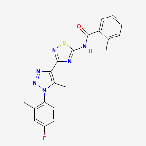 molecular formula C20H17FN6OS B2959597 N-{3-[1-(4-氟-2-甲基苯基)-5-甲基-1H-1,2,3-三唑-4-基]-1,2,4-噻二唑-5-基}-2-甲基苯甲酰胺 CAS No. 932537-47-8