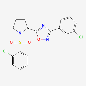 molecular formula C18H15Cl2N3O3S B2959598 3-(3-Chlorophenyl)-5-{1-[(2-chlorophenyl)sulfonyl]-2-pyrrolidinyl}-1,2,4-oxadiazole CAS No. 551931-00-1