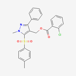 molecular formula C25H21ClN2O4S B2959614 {1-methyl-5-[(4-methylphenyl)sulfonyl]-3-phenyl-1H-pyrazol-4-yl}methyl 2-chlorobenzenecarboxylate CAS No. 318247-48-2