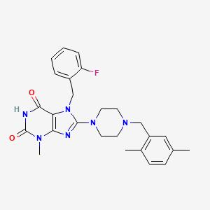 molecular formula C26H29FN6O2 B2959700 8-(4-(2,5-dimethylbenzyl)piperazin-1-yl)-7-(2-fluorobenzyl)-3-methyl-1H-purine-2,6(3H,7H)-dione CAS No. 886909-34-8