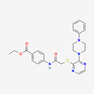 molecular formula C25H27N5O3S B2959854 Ethyl 4-(2-((3-(4-phenylpiperazin-1-yl)pyrazin-2-yl)thio)acetamido)benzoate CAS No. 1031975-73-1