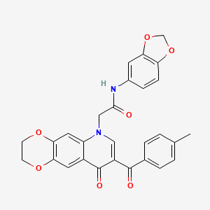 molecular formula C28H22N2O7 B2959955 N-(2H-1,3-benzodioxol-5-yl)-2-[8-(4-methylbenzoyl)-9-oxo-2H,3H,6H,9H-[1,4]dioxino[2,3-g]quinolin-6-yl]acetamide CAS No. 902565-96-2