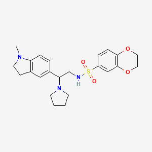 molecular formula C23H29N3O4S B2959993 N-(2-(1-methylindolin-5-yl)-2-(pyrrolidin-1-yl)ethyl)-2,3-dihydrobenzo[b][1,4]dioxine-6-sulfonamide CAS No. 946343-01-7