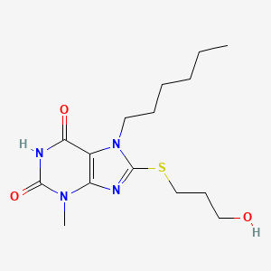 molecular formula C15H24N4O3S B2960007 7-Hexyl-8-(3-hydroxypropylsulfanyl)-3-methylpurine-2,6-dione CAS No. 442865-05-6