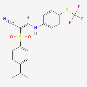 molecular formula C19H17F3N2O2S2 B2960060 2-((4-(异丙基)苯基)磺酰基)-3-((4-(三氟甲基硫代)苯基)氨基)丙-2-烯腈 CAS No. 1025153-58-5