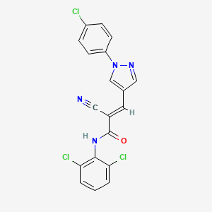 molecular formula C19H11Cl3N4O B2960088 (E)-3-[1-(4-chlorophenyl)pyrazol-4-yl]-2-cyano-N-(2,6-dichlorophenyl)prop-2-enamide CAS No. 1181479-60-6