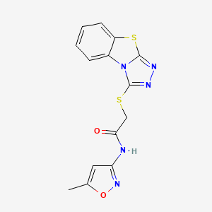 molecular formula C14H11N5O2S2 B2960178 N-(5-甲基-1,2-恶唑-3-基)-2-{7-硫杂-2,4,5-三氮杂三环[6.4.0.0^{2,6}]十二-1(8),3,5,9,11-戊烯-3-基硫代}乙酰胺 CAS No. 378196-89-5